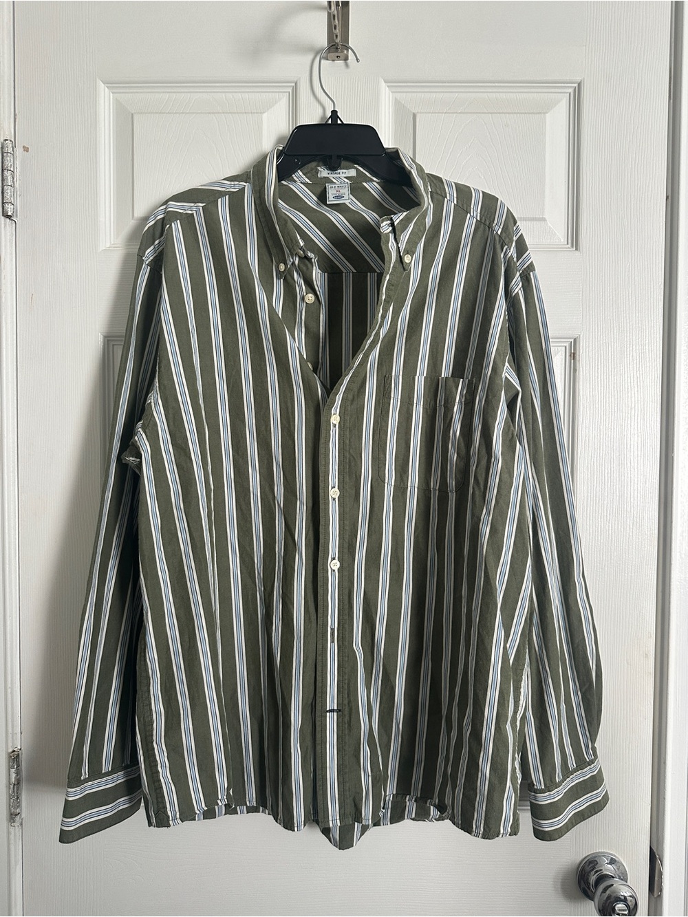 Old Navy Olive Green and White Striped Button-Down Shirt